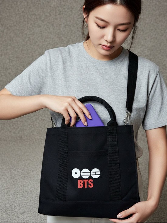 Bts Handbags - Black BTS Logo Canvas Tote Bag with Removable Strap